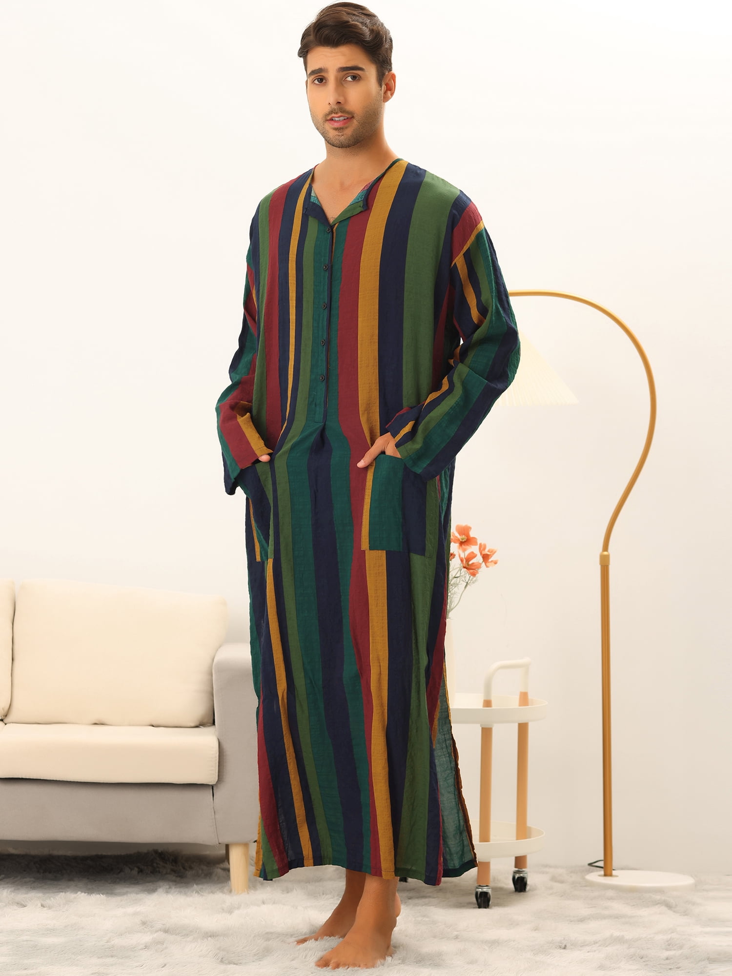 Unique Bargains Men's Striped Nightshirt Long Sleeves Button Nightgown Henley Shirts S Multicolor