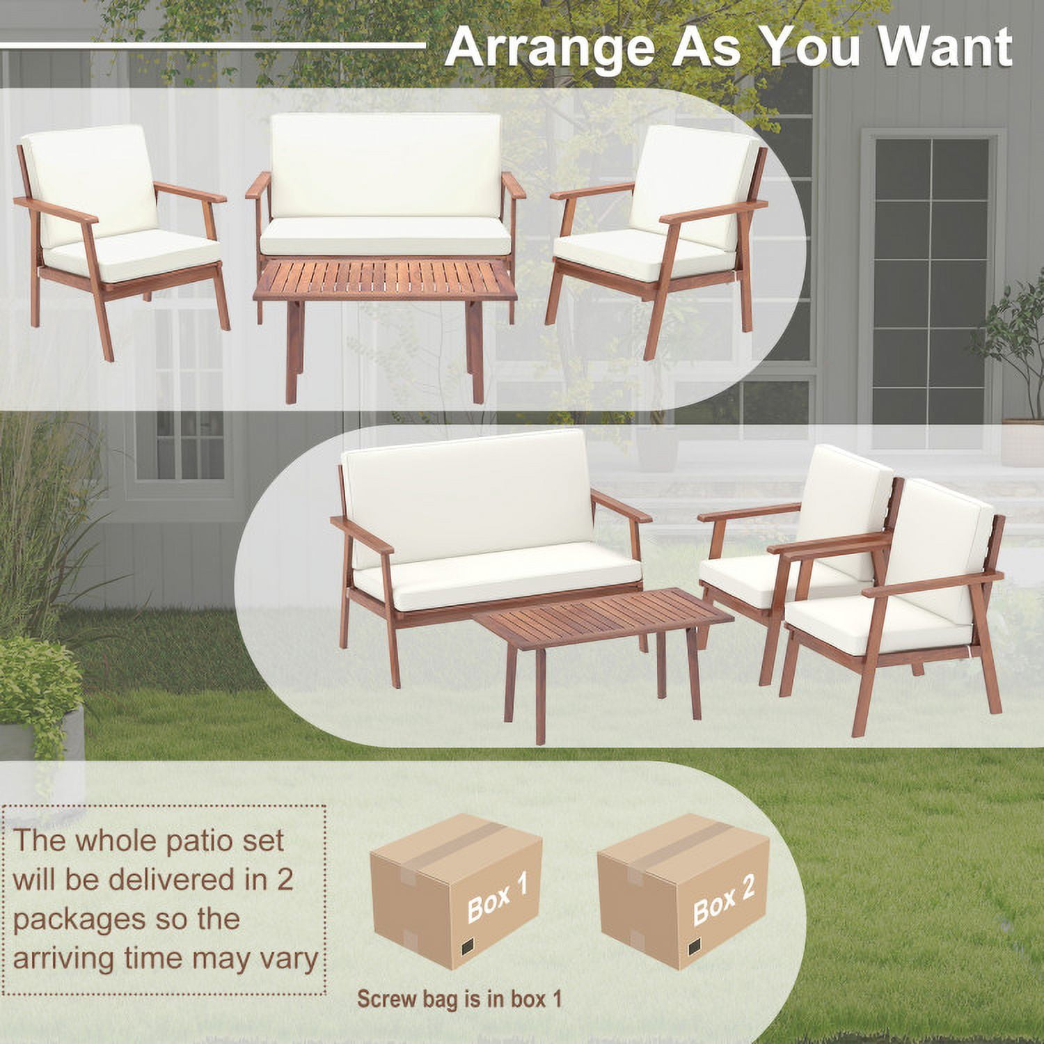 Aimee Lii 4 Piece Outdoor Acacia Wood Conversation Set, Outdoor Patio Set with Soft Seat and Back Cushions, White Aimee Lii 4 Piece Outdoor Acacia Wood Conversation Set, Outdoor Patio Set with Soft Seat and Back Cushions, White