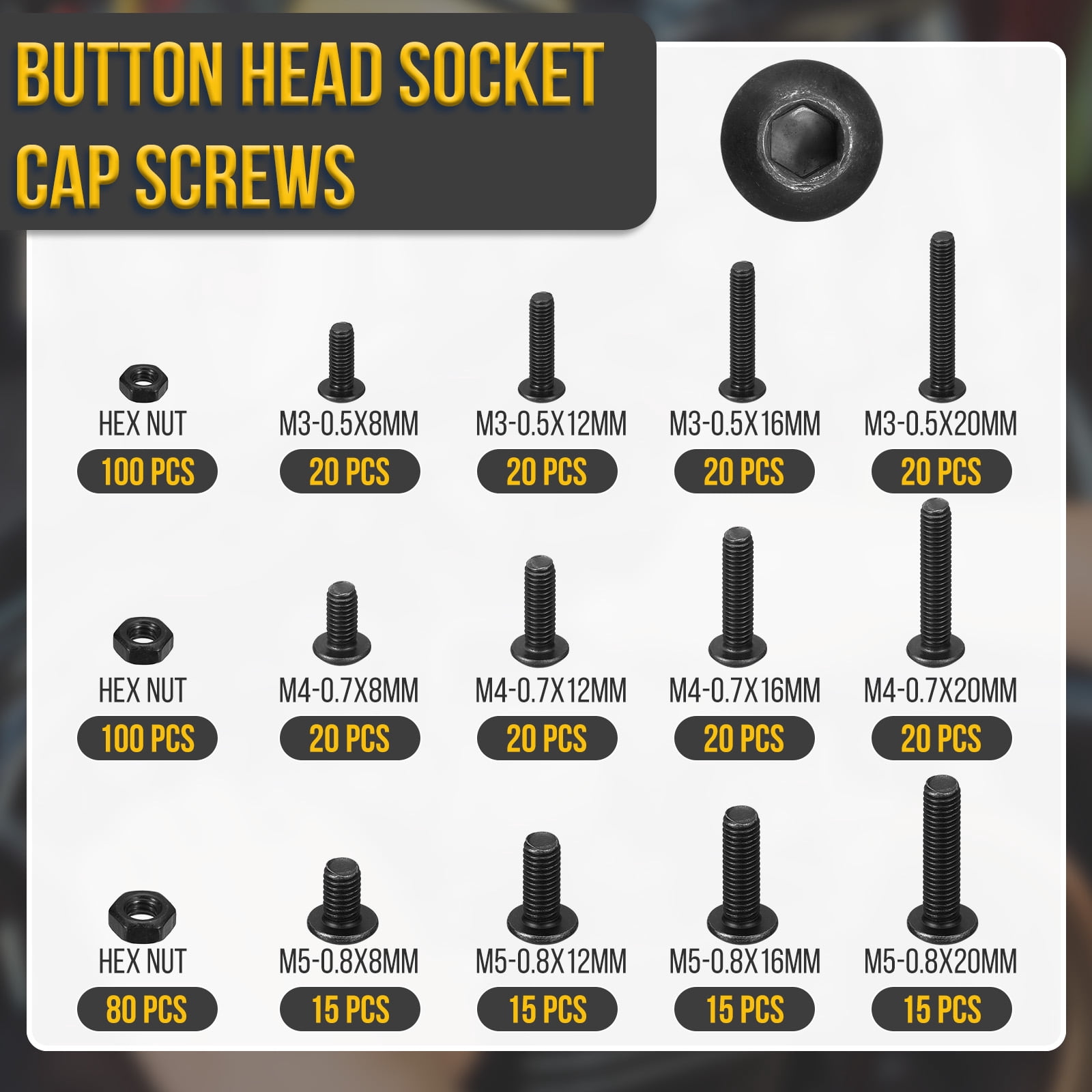 Uxcell 500Pack M3 M4 M5 Button Head Socket Cap Screws - Carbon Steel Bolt Nut Set Washer Assortment Kit - Good for Road Bicycle, Mountain Bike, Auto