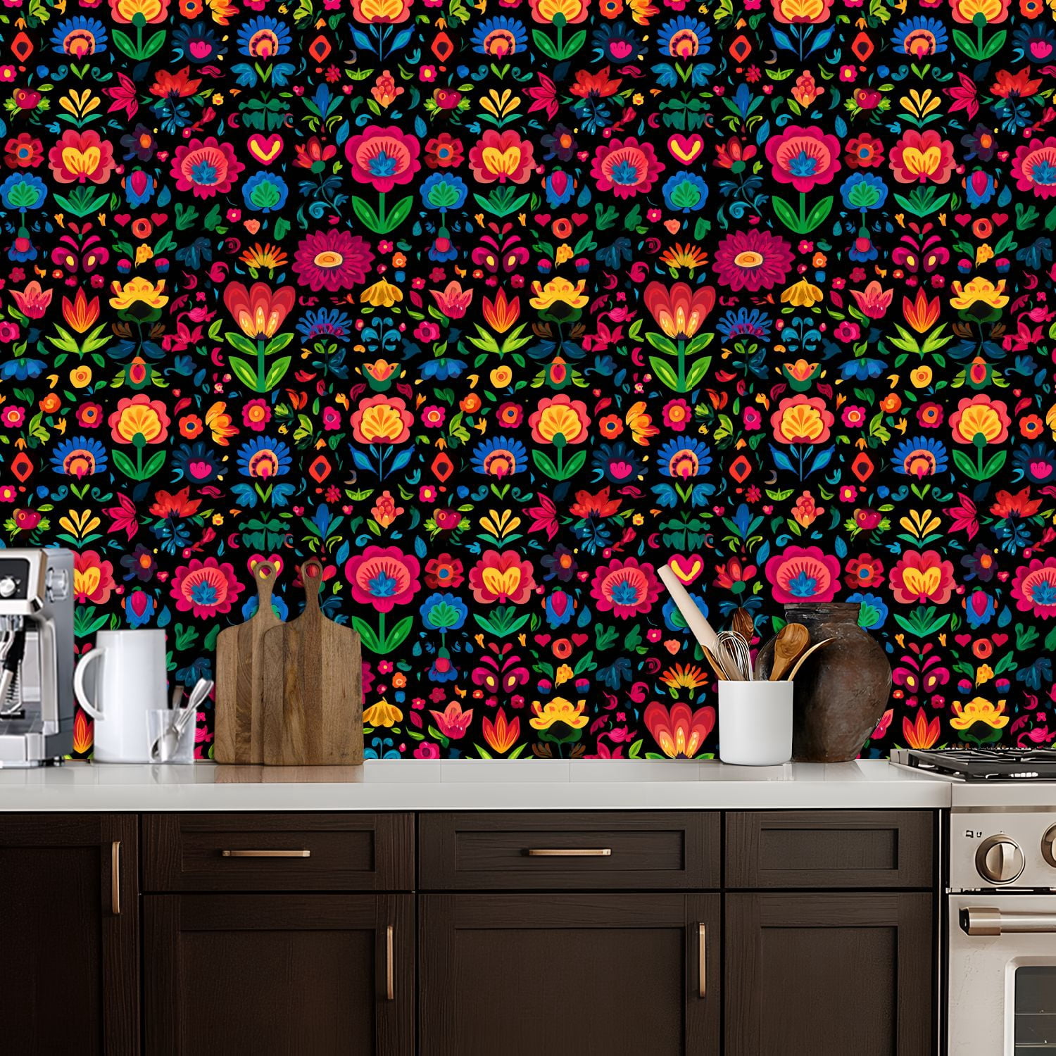 Peel and Stick Wallpaper Colorful Symmetrical Floral Folk Art Bright Flowers Wall Mural 17.7in x 9.8ft Self Adhesive Removable Wall Paper Renter Friendly Wallpaper for Nursery Bedroom Cabinets