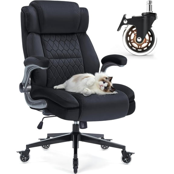 High Back Office Chair 400lbs Fabric- Thick Padded Cloth Computer Desk Chair, Adjustable Lumbar Support & Flip-Up Arms, Locking Wheels - Ergonomic Durable Work Chair for Adults, Men and Women