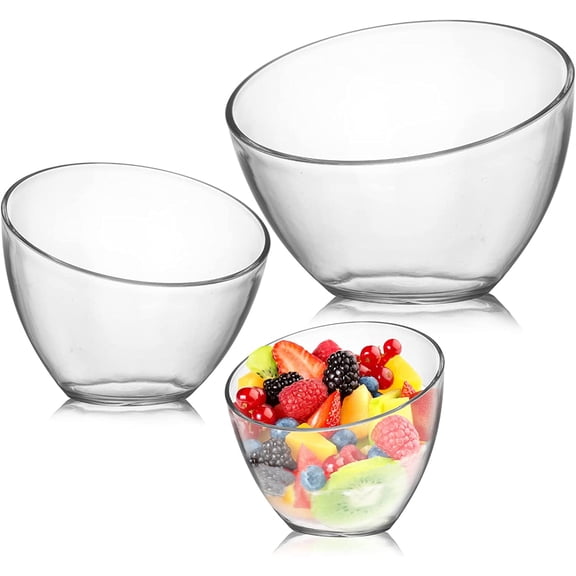 3 Pack Angled Plastic Bowls, Clear Salad Serving Bowl, Thick Acrylic Candy Bowls for Parties in Assorted Sizes, Snack Bowl for Pasta, Candy, Chips, Fruit, Prep