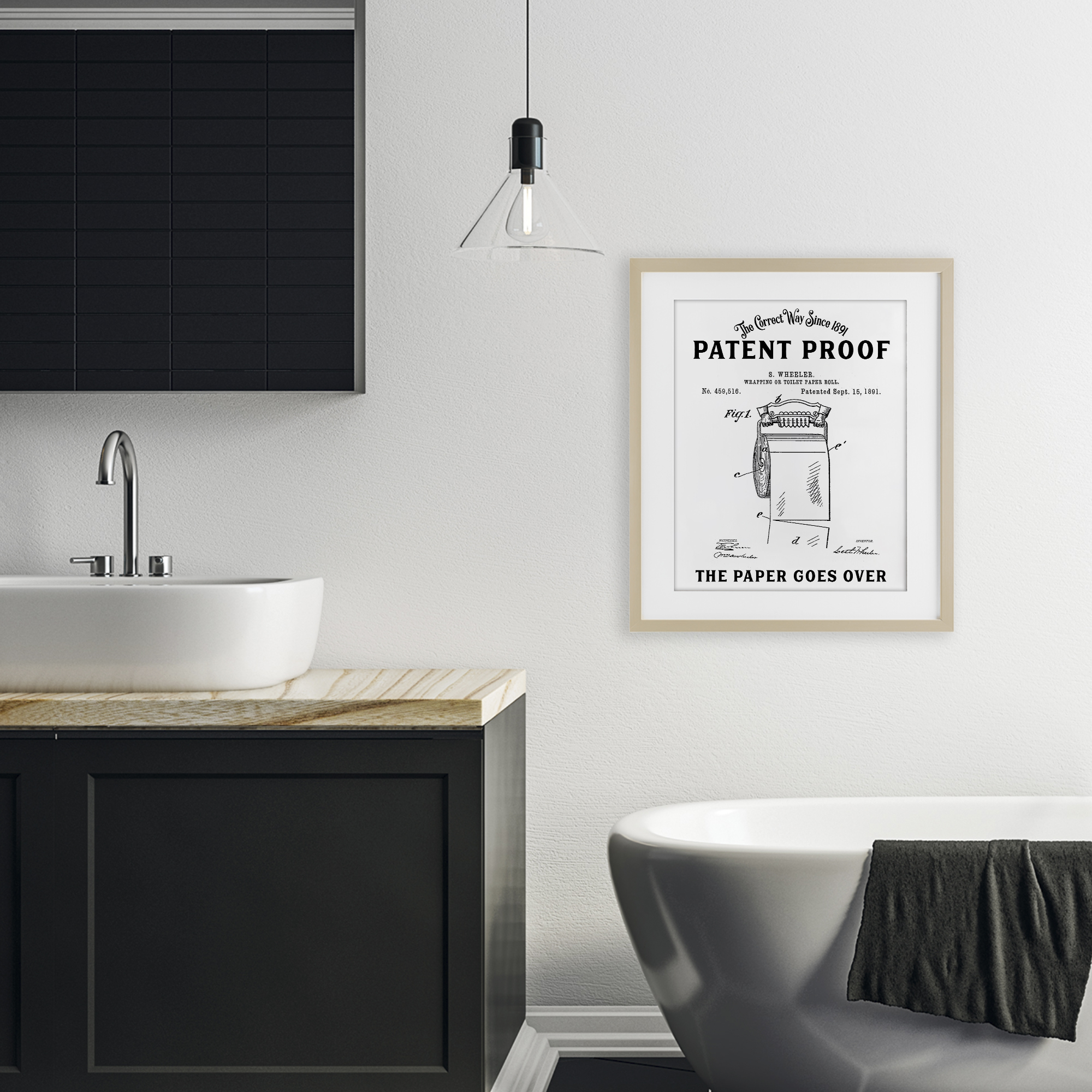 Toilet Paper Goes Over Birch Framed Print Under Glass, design by Lettered and Lined