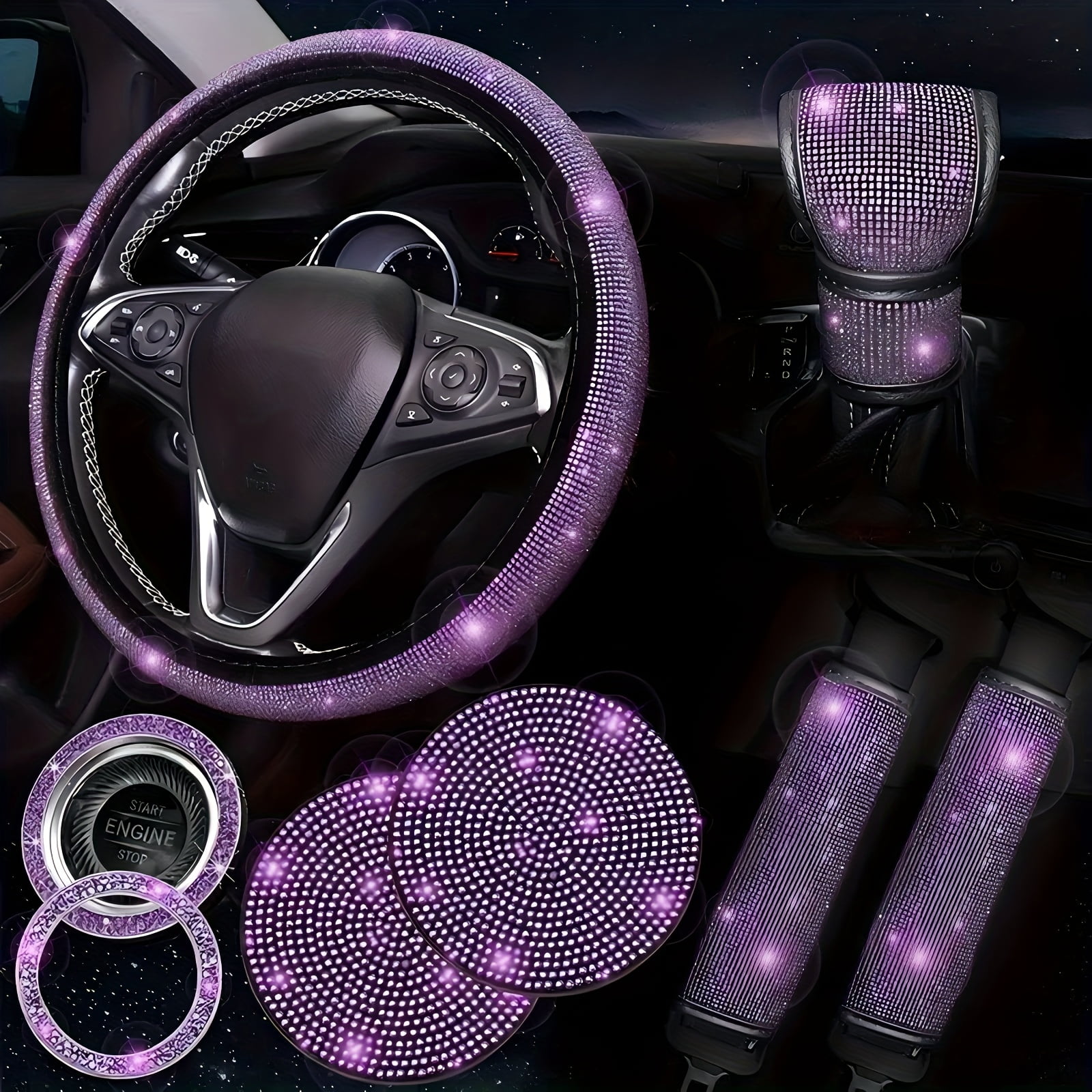 8pcs Bling Car Accessories for Women, Bling Steering Wheel Cover Bling Car Coasters Bling Set Seat Belt Shoulder Pads Ring Emblem Sticker Gear Shift Cover