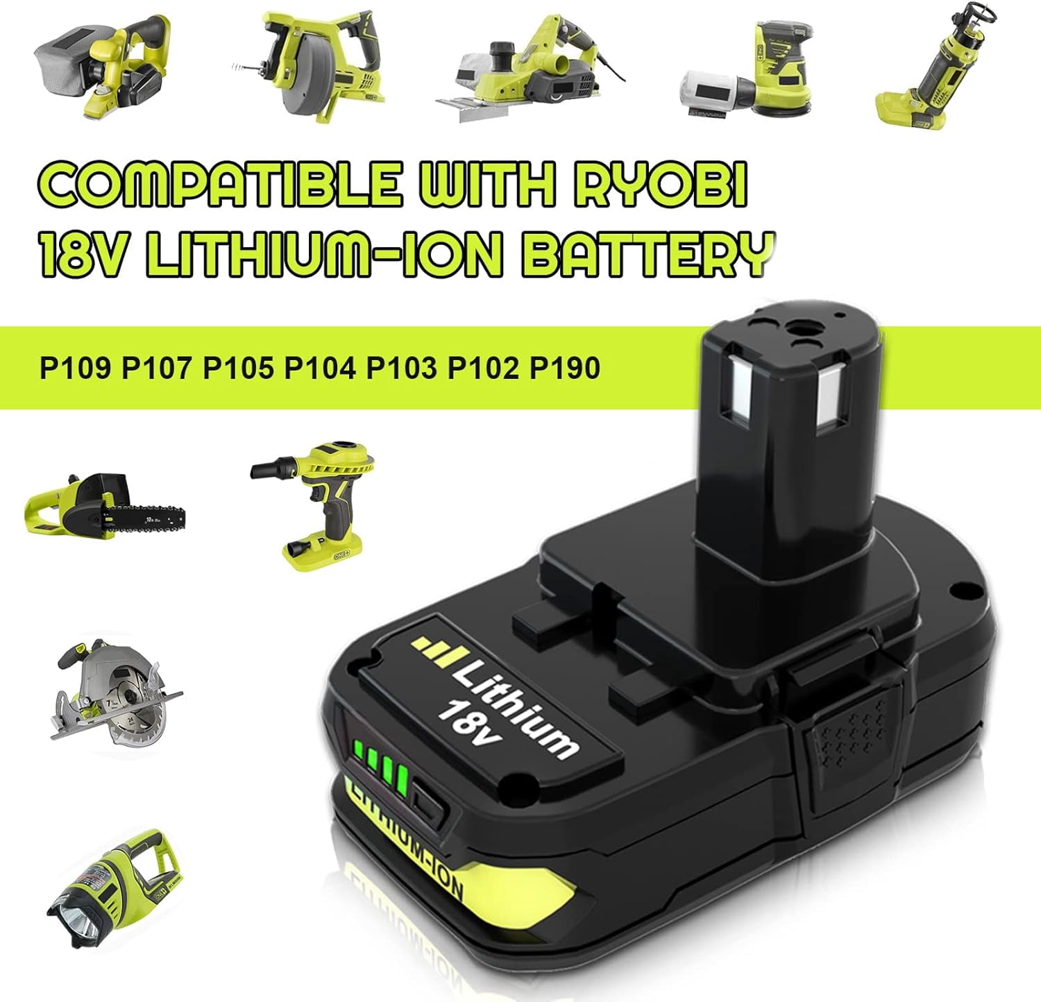 2Pack P102 Replacement for Ryobi Battery 18V Lithium Ryobi Charger for Ryobi 18v Lithium Battery 18V ONE P108 P107 P104 P105 P102 P103 Tools Charger with 260051002 P117 P118 P113 BCL1418