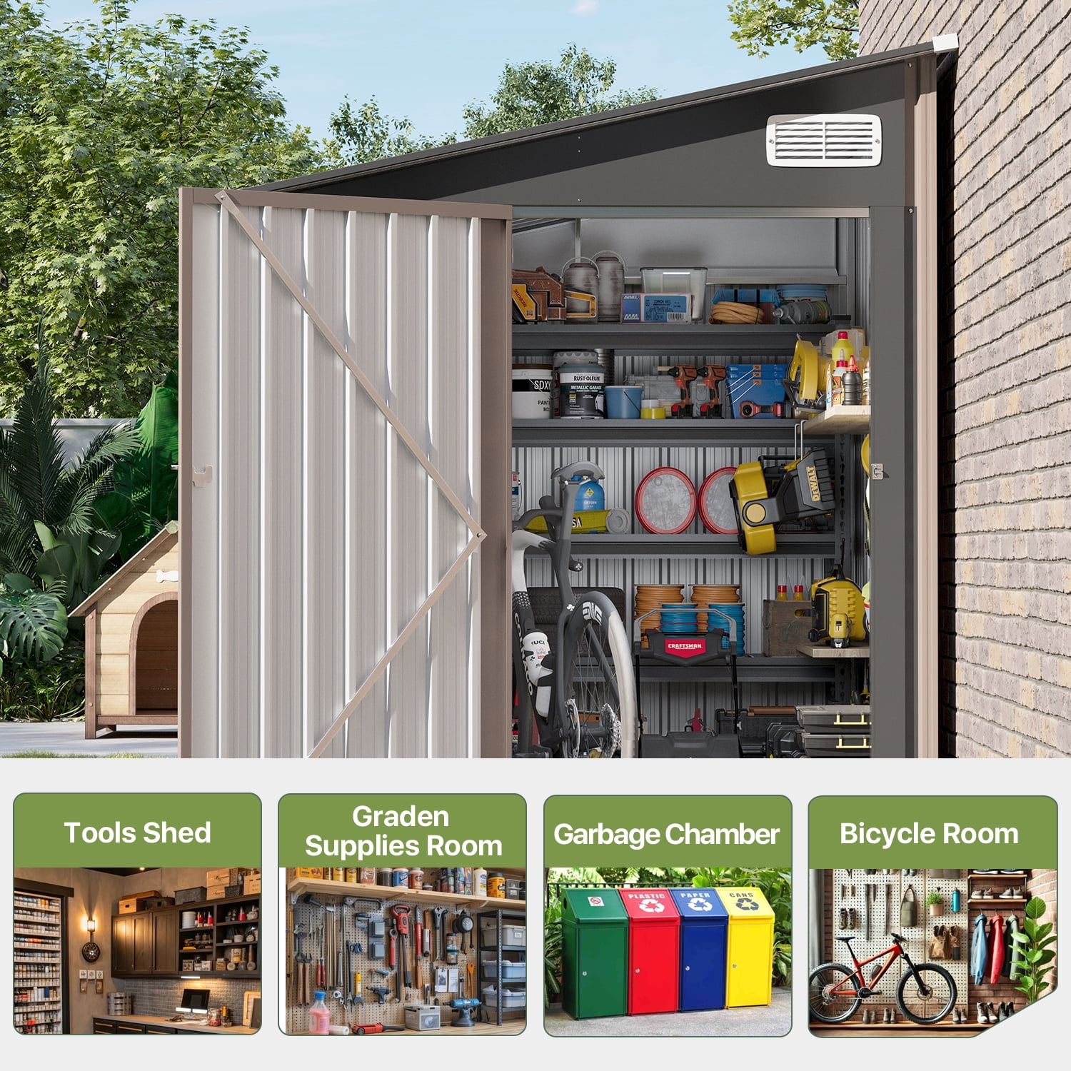 BaPiPro 8x6 ft Outdoor Metal Storage Shed, Lean-To Shed with Lockable Door, Garden Tool Shed for Patio, Backyards, Brown
