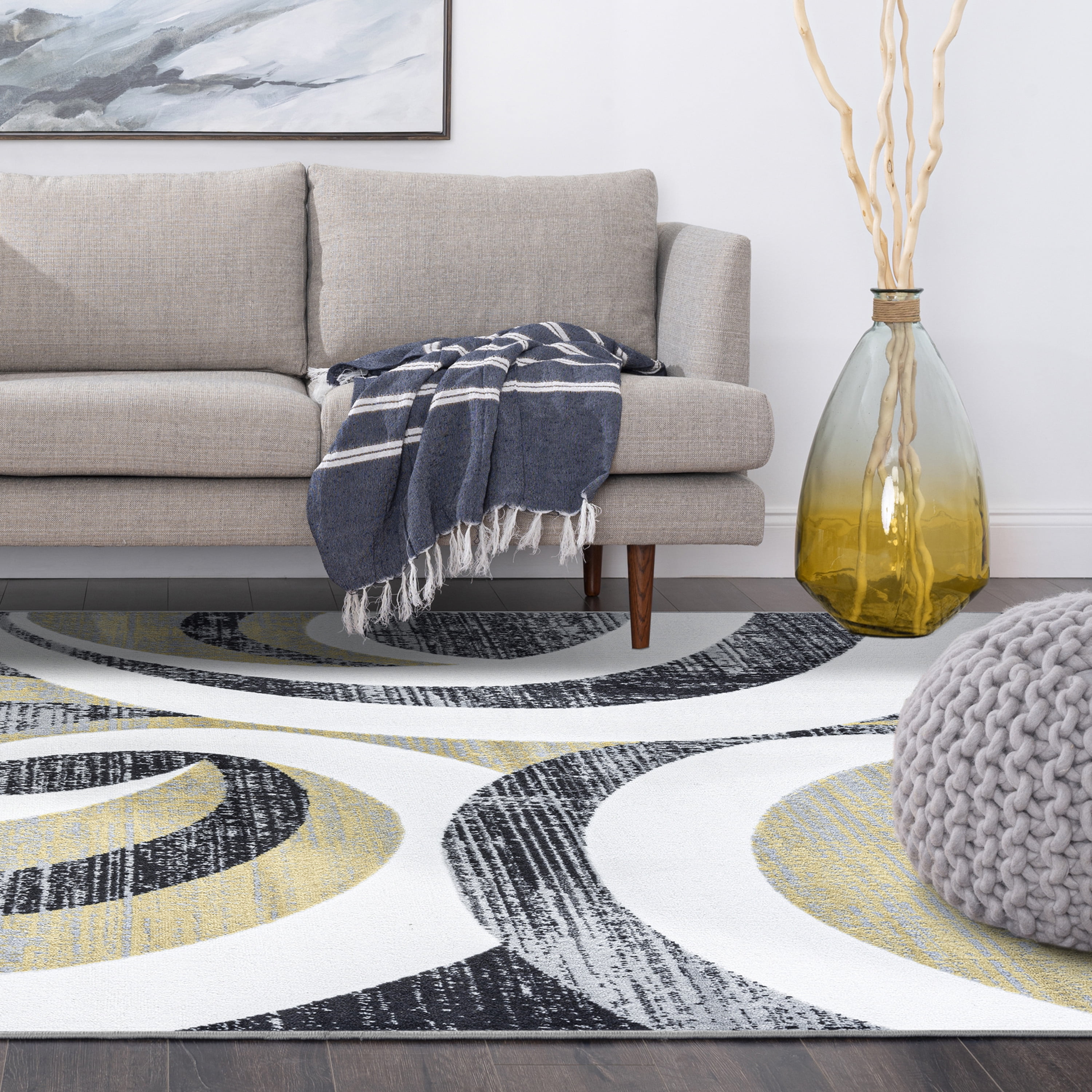 Contemporary 5x8 Area Rug (5'3'' x 7'3'') Abstract Yellow, Charcoal Living Room Easy to Clean