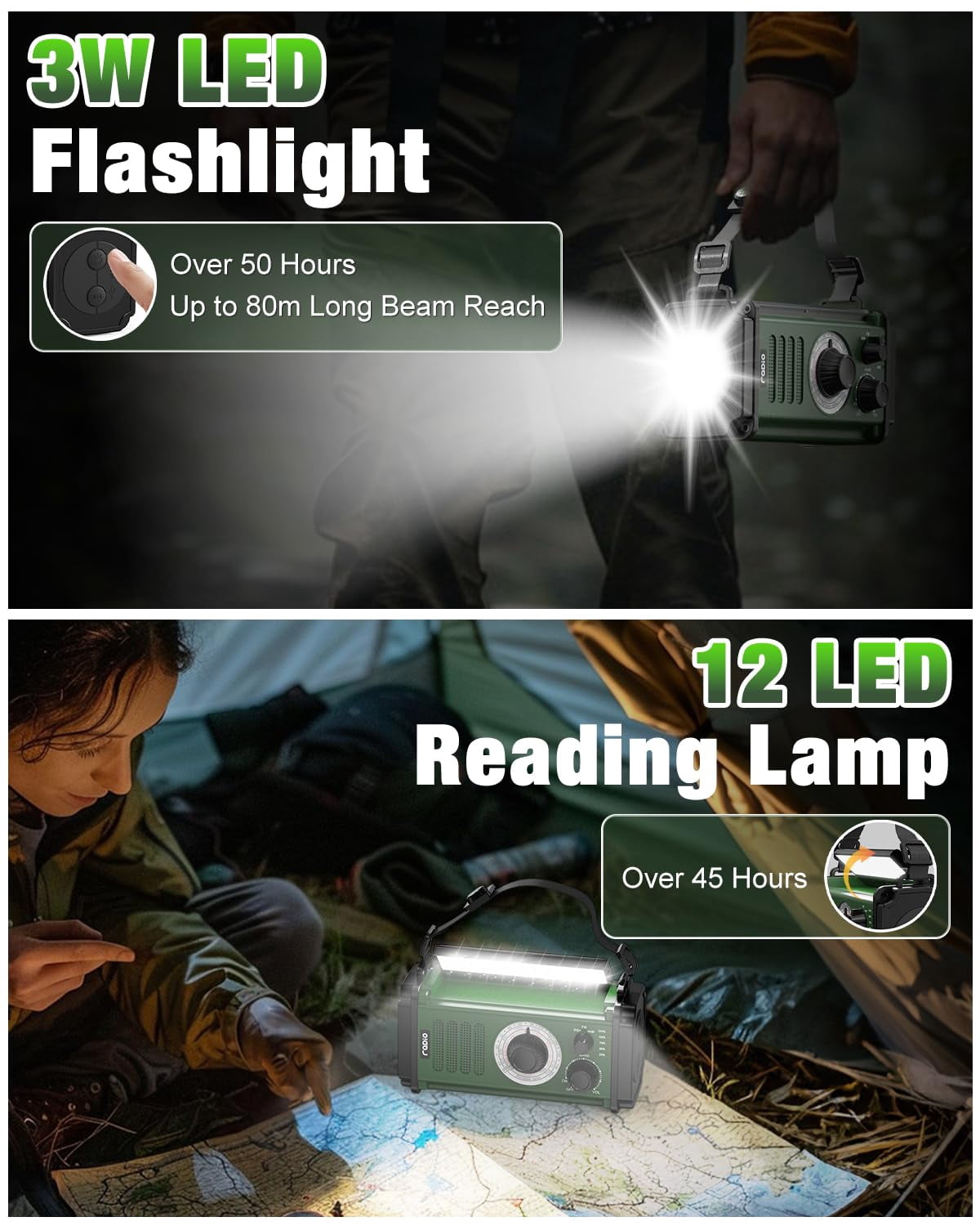 10000mah/37000mwh Emergency Radio  Solar Hand Crank Noaa Am Fm Weather 4 Charging Methods Polymer Flashlight & Reading Lamp Sos Alarm Phone For