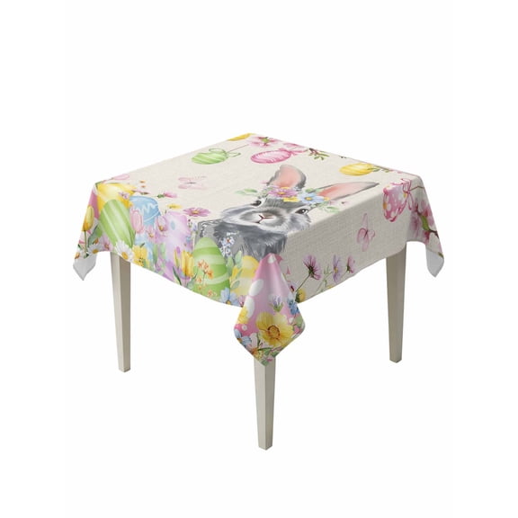 Easter Rabbits Suqare Tablecloth - 60 x 60 Inch, Weeping Pink Peach Eggs Vintage Beige Spring Waterproof & StainResistant Tablecloth, Washable Oil-proof Table Cover for Dining/Party/Wedding/Buffet