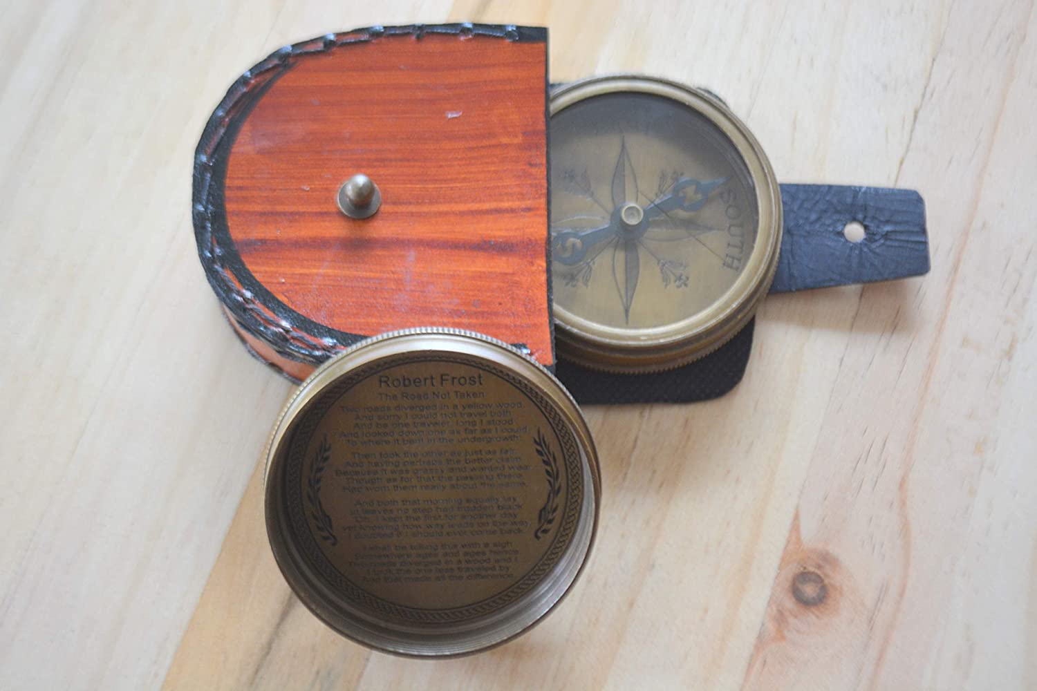 Nautical India Robert Frost 2.5" Poem Compass with Handmade Brown Leather Case