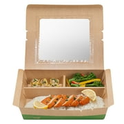 Eco Tek 78 oz Kraft and Green Paper Bento Box - with PLA Window, 3-Compartment, Compostable - 11" x 9" x 2" - 100 count box