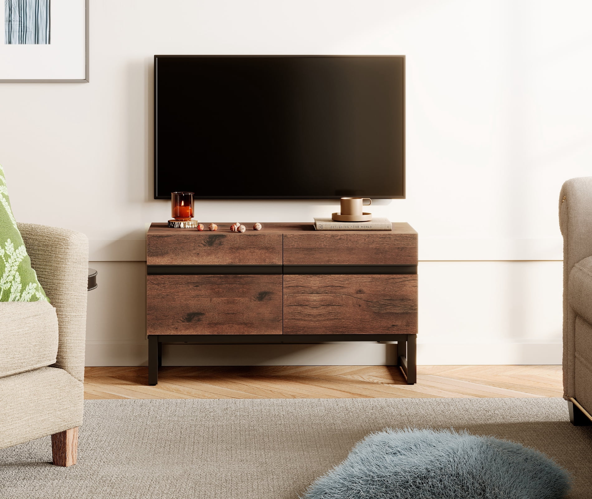 Modern TV Stand for TVs up to 50 inch, Entertainment Center TV Console with Storage Cabinets and Metal Base,Media Console for Living Room