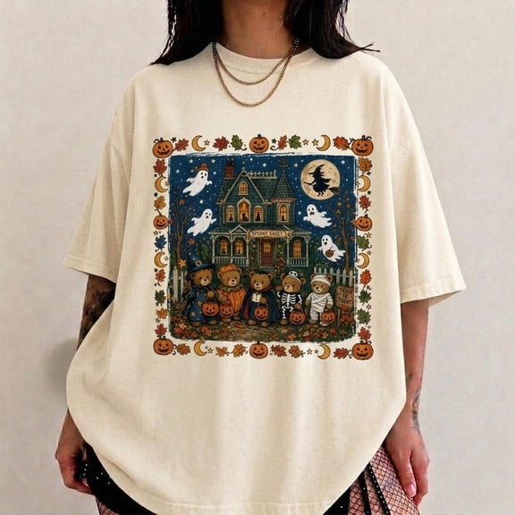 Vintage 90s Bears Halloween Shirt, Trick or Treat Bears T-Shirt, Haunted House Graphic Tee, Pumpkin Lover Gift Clothing
