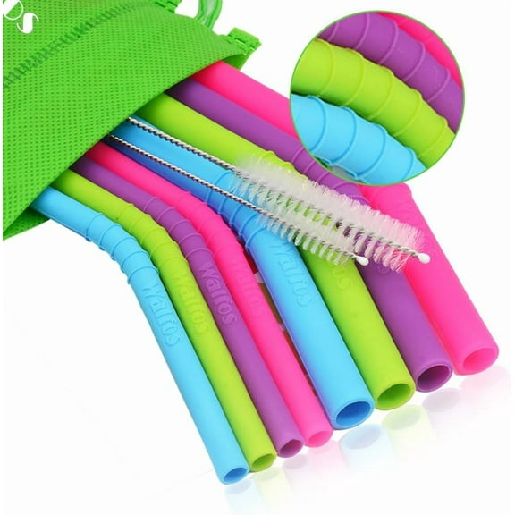 Walfos Reusable Silicone Straws - 2 Size Flexible Drinking Bendy Straws for Smoothies/20 & 30 oz Tumblers, BPA Free (4 Wide Straws   4 Regular Straws   2 Cleaning Brushes ）