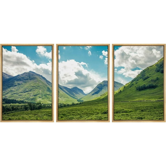 Wall26 Framed Prints Canvas Wall Art Set of 3 Emerald Green Mountain Meadow Nature Wilderness Photography Realism Decoration Landscape Rustic Country/Farmhouse Wall Decora - Natural 24"x36"x3
