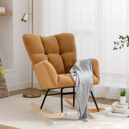 Noble House Takala 31" Teddy Fabric Rocking Glider Nursery Chair, Upholstered Accent Armchair for Living Room, Khaki