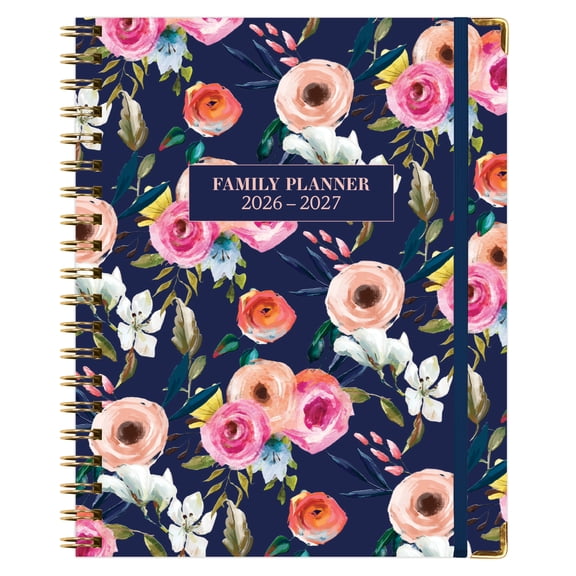 2026-2027 Excello Brands 8.5" x 11" Academic Year Family Planner, Weekly/Monthly, 14 Month, Small Navy Floral