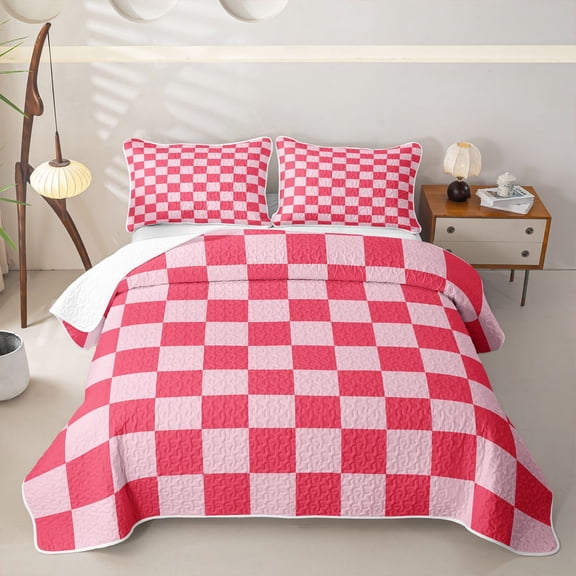 Homewish Classic Checkerboard Twin Quilt Set for Girls, Geometric Gingham Twin Coverlet Set, Hot Pink