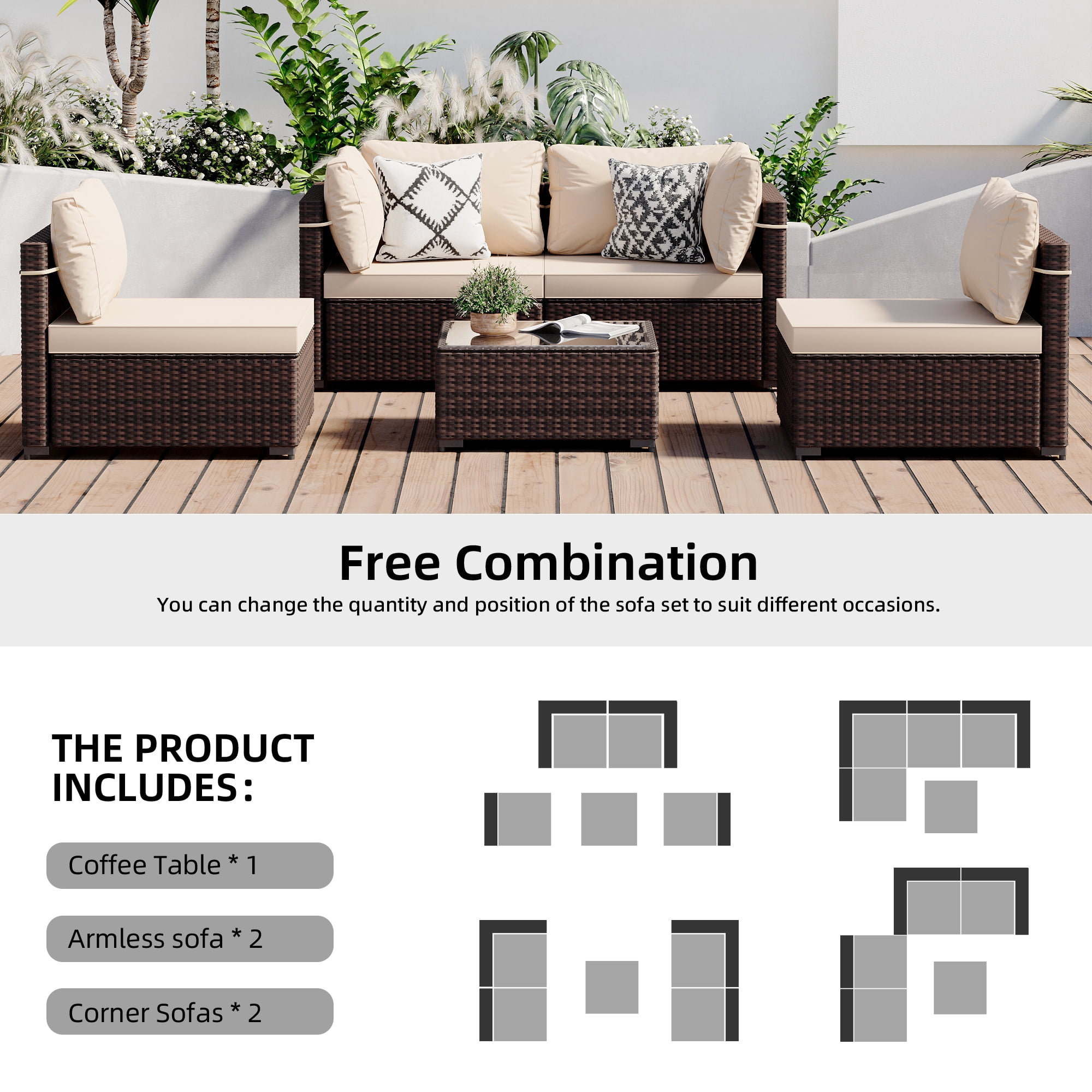 UPHA 5 Pieces Outdoor furniture Sets Patio Sectional Couch Wicker Conversation Sofa for Pools Outside, Gardens, Decks, Brown Rattan, Beige Cushion