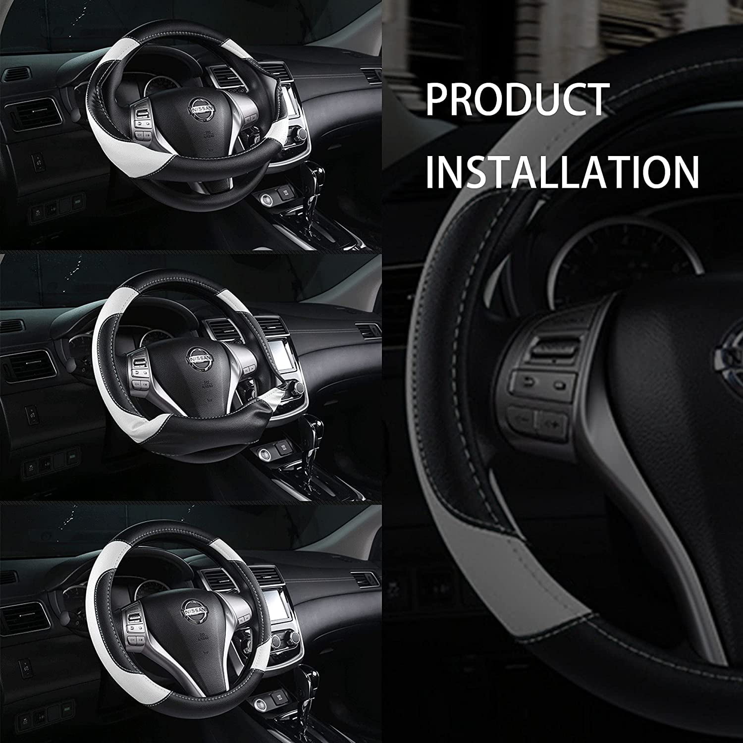 Leather Car Steering Wheel Cover, Non-Slip Car Wheel Cover Protector Breathable Microfiber Leather Universal Fit for Most Cars(White)