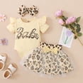thumbnail image 2 of Sjldqy Girls Summer Outfit Sweet Soft Ruffle Sleeve Crew Neck Letter Print Bodysuit Leopard Print Tutu Skirt Bow Headband Girls Romper 3 Piece Set Size 12-18 Months Khaki, 2 of 9