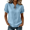 thumbnail image 3 of VBVC Women's Cotton-Linen Puff Sleeve Blouse , Ladies' Tie Keyhole Neck Short Sleeve Top , Casual Loose Fit Summer Shirts For Women,Blue,S-2XL, 3 of 10