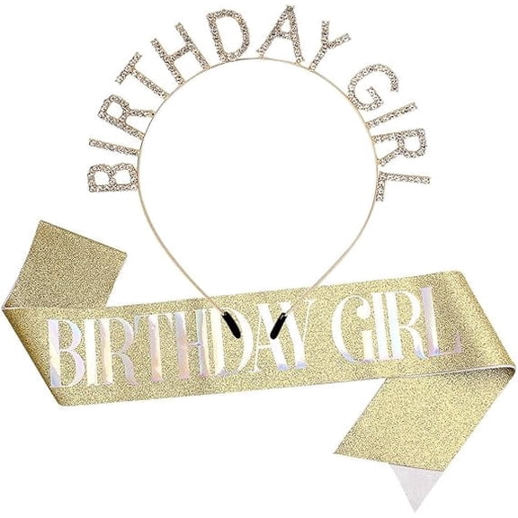 Birthday Crown for Women with Sash Gold White Happy Birthday Tiara for Women Girl Headband Princess Crown Rhinestone Accessories