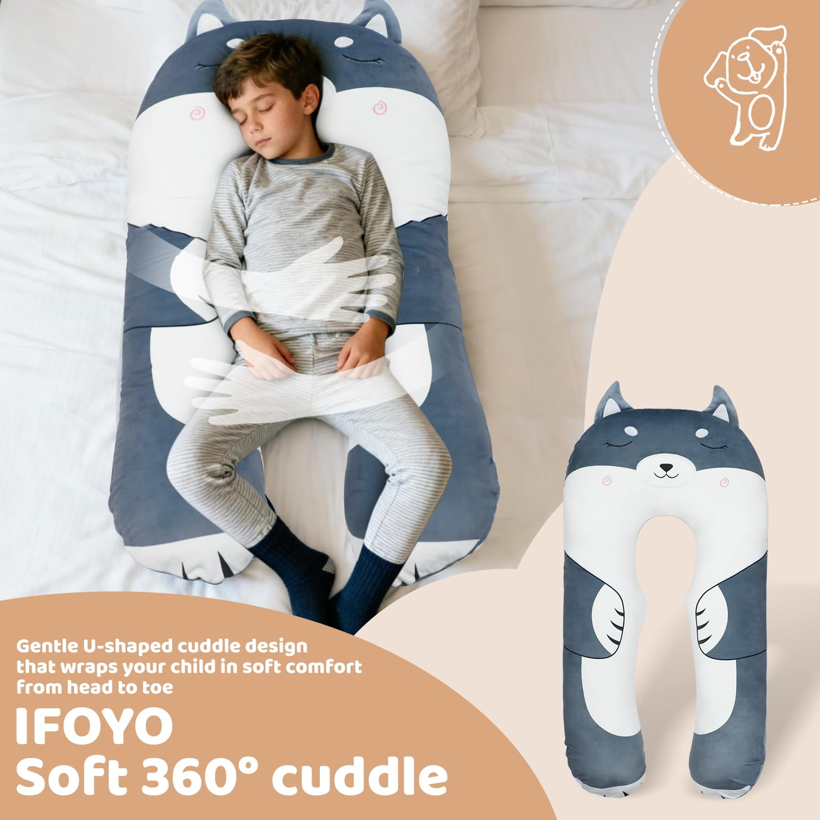 IFOYO 43" U Shaped Kids Full Body Pillow, Minky Cuddle Pillow for Sleeping ADHD Sensory Relief, Washable Cover for Boys Girls