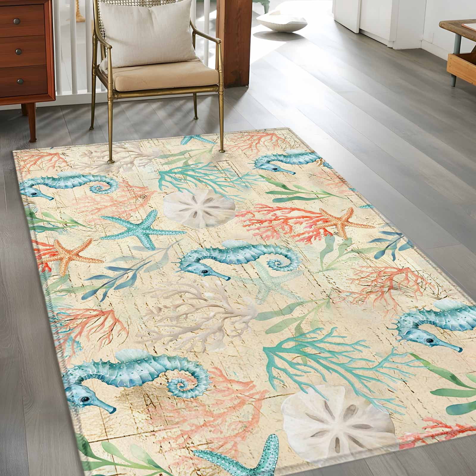 Area Rugs for Living Room Bedroom, Teal Red Coastal 4'x6' Rug Washable Carpet Runner Indoor Outdoor, Nautical Seahorse Beach Coral Starfish Beige Non Slip Accent Floor Mats Rug for Kitchen, Office