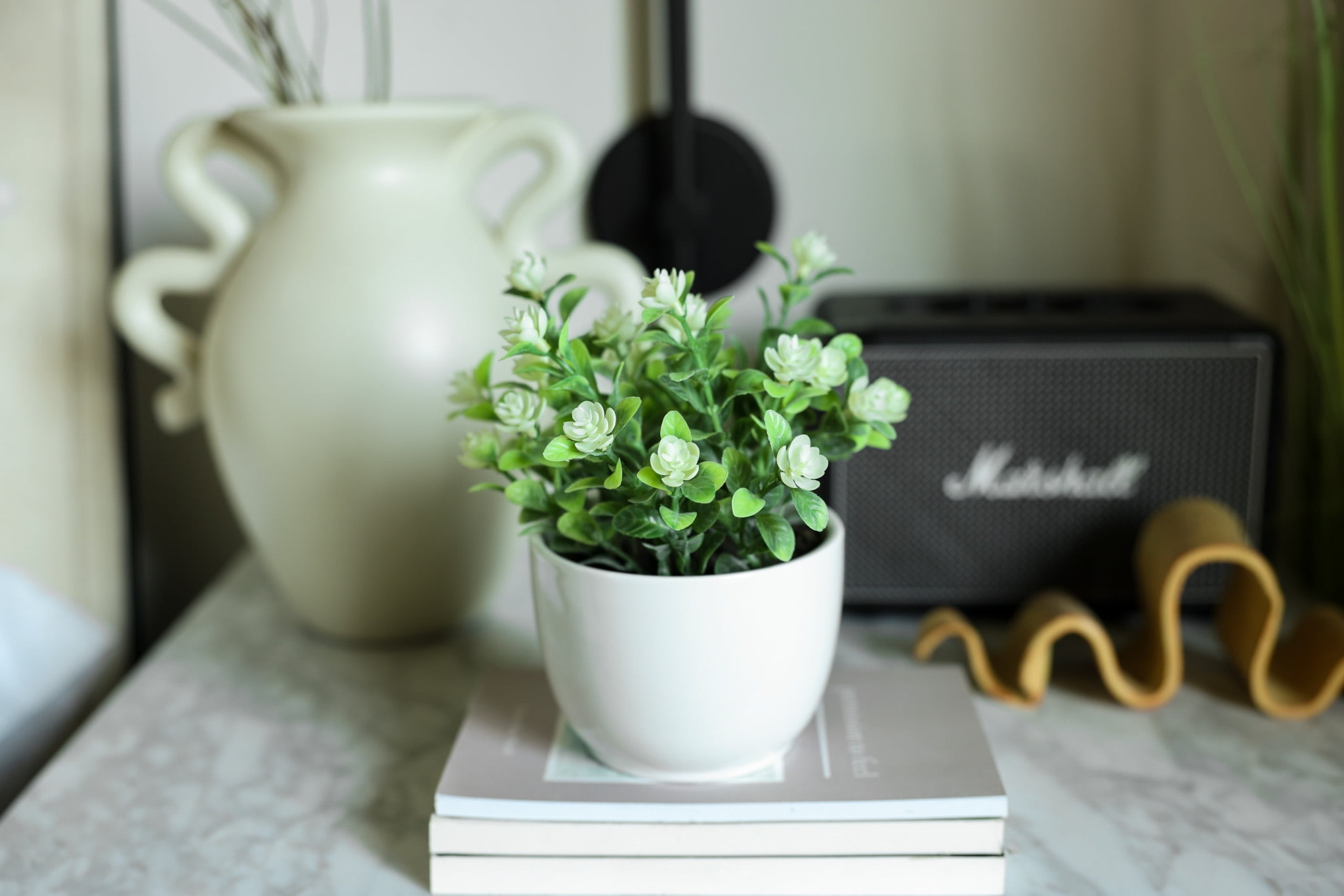 Mainstays 7.5” Artificial Eucalyptus and Flower in White Ceramic Pot Made for Tabletops – 1.1 lbs