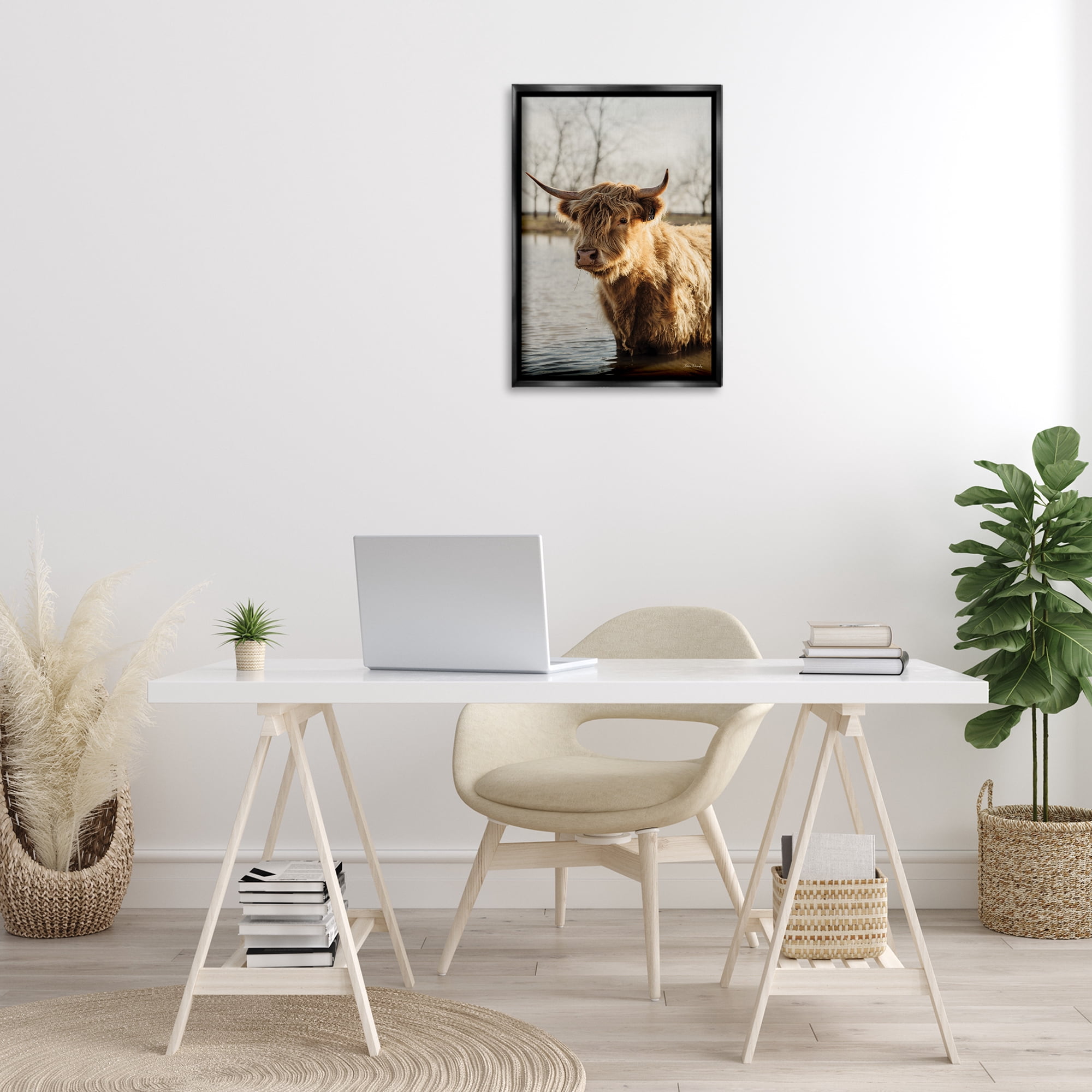 Stupell Industries Peering Cattle in Water Animals & Insects Photography Black Floater Framed Canvas Art Print Wall Art, 17 x 25