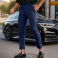 thumbnail image 2 of WTOBBY Men's Slim Fit Stretch Chinos Pants, Solid Color, Ankle Length Skinny Tapered Dress Trousers for Casual Office Wear, Comfortable and Wrinkle Resistant Fabric,Navy L, 2 of 6