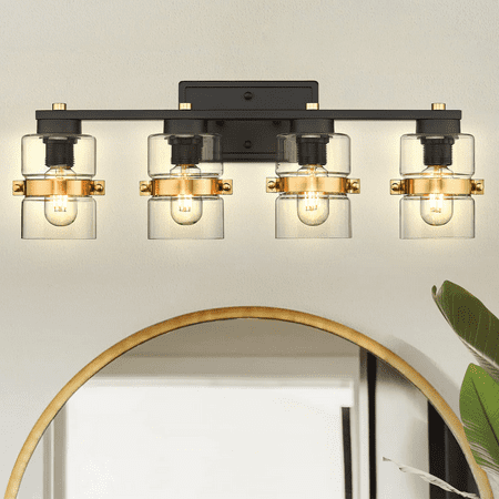

4-Light 24 Inch Farmhouse Black and Gold Vanity Light for Bathroom Bedroom Bath Wall Light Fixtures with Clear Glass Shade Black and Gold Finish