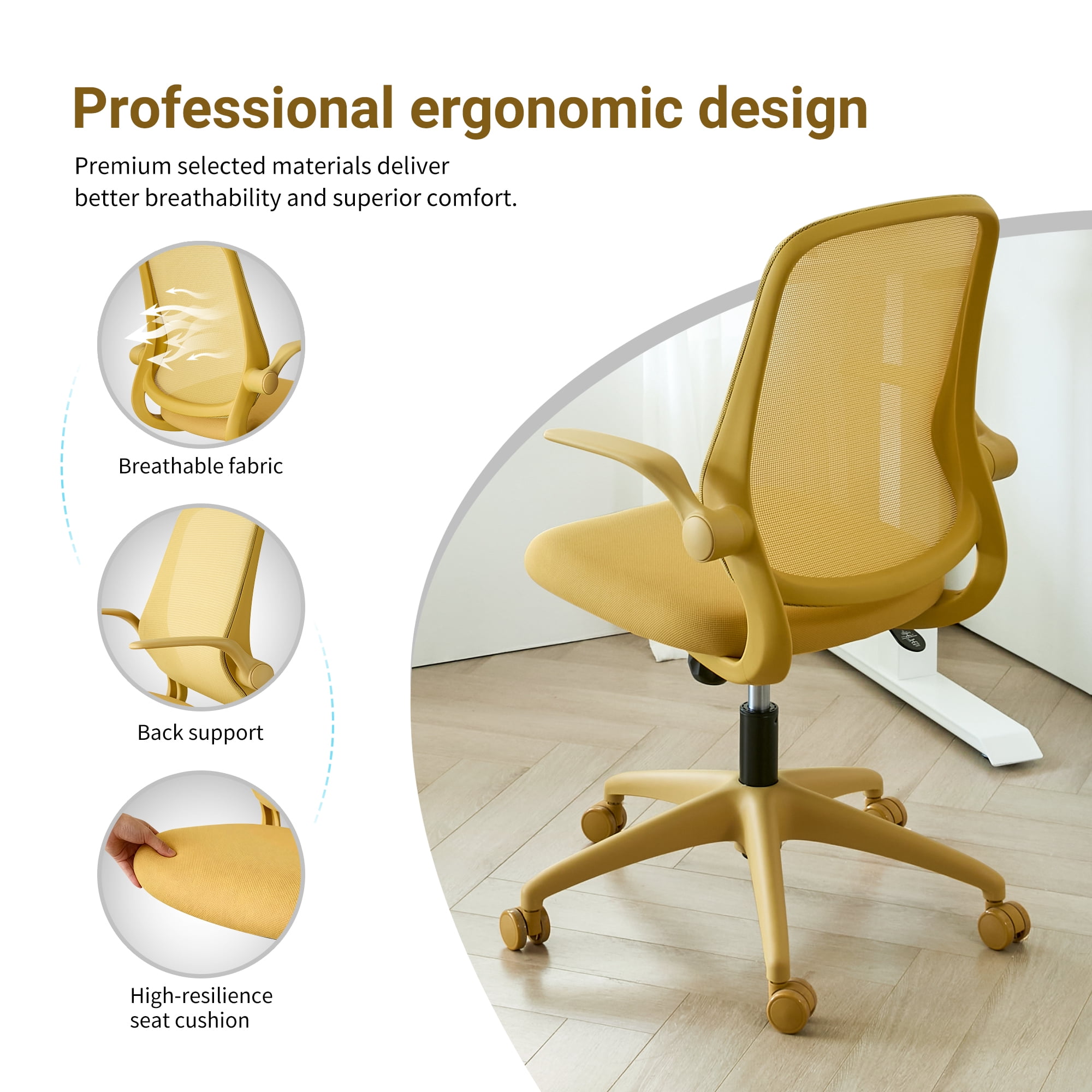 HOQBN Ergonomic Office Chair with Flip-Up Armrests, Breathable Mesh Back, Integrated Molded Foam Seat, 350lb Capacity,Yellow