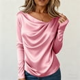 thumbnail image 2 of Lenpel Satin Blouses for Women Trendy Long Sleeve Crew Neck Ruched Curved Hem Dressy T Shirts Business Casual Tops(Pink,X-Large), 2 of 5