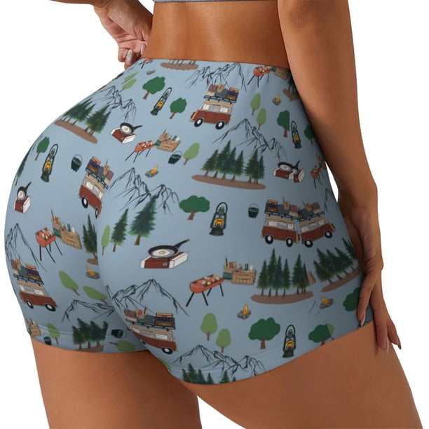 Balery Camping Caravan Pantalones cortos de entrenamiento estampados para mujer, sin costuras, ajustados, para gimnasio, yoga, correr, deportes, ejercicio activo, fitness.-Small