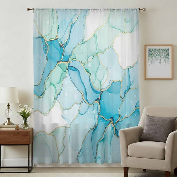 Turquoise Blue Marble Sheer Curtains 63 Inches Long, Modern Abstract Art Cracks Light Filering Curtains, Breathable Simi Curtain Privacy Drapes for Living Room Bedroom Lightweight Window Treatment
