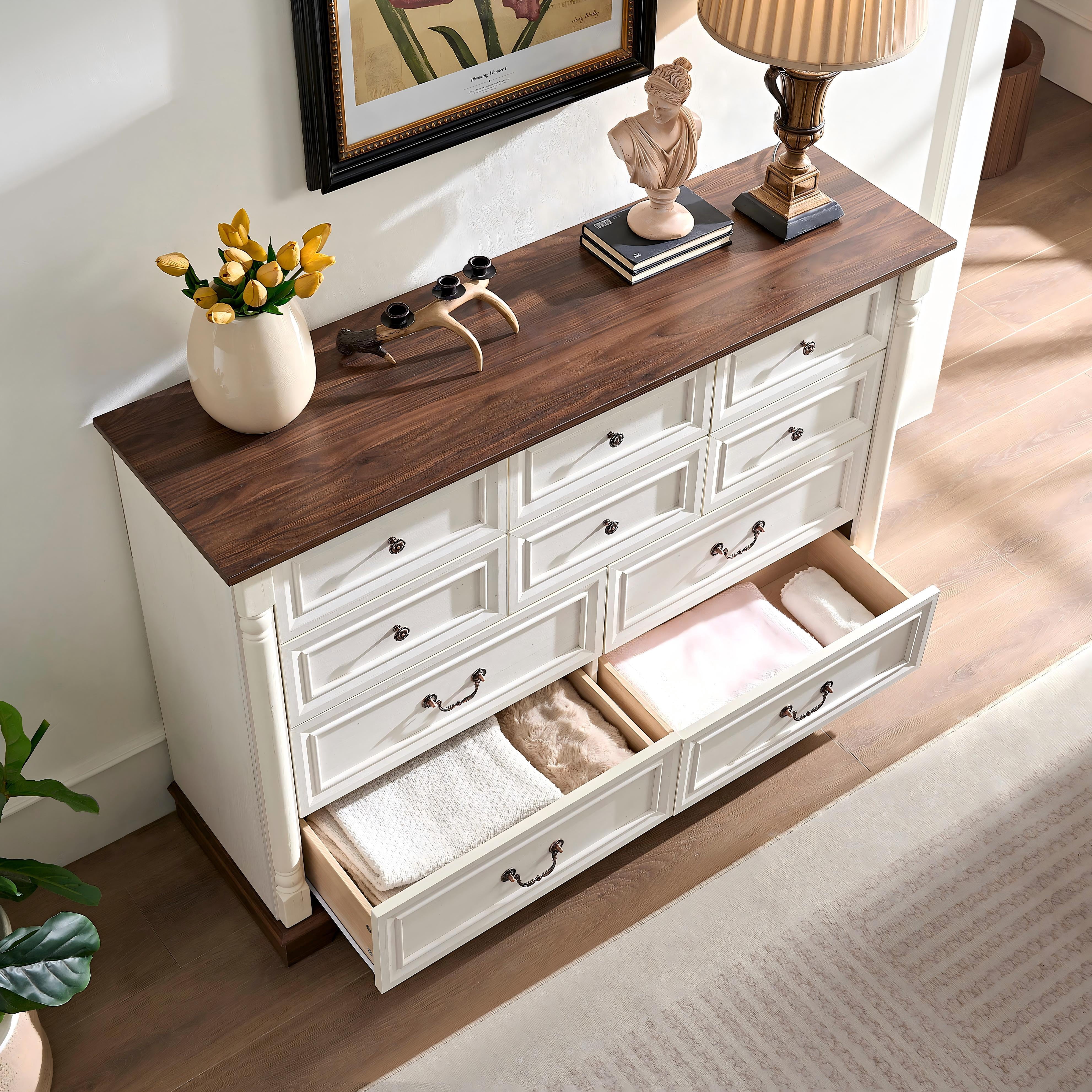 AENKYO 10-Drawer Wide Dresser, Extra Large Vintage Farmhouse Drawer Chest for Bedroom or Living Room, Antique White