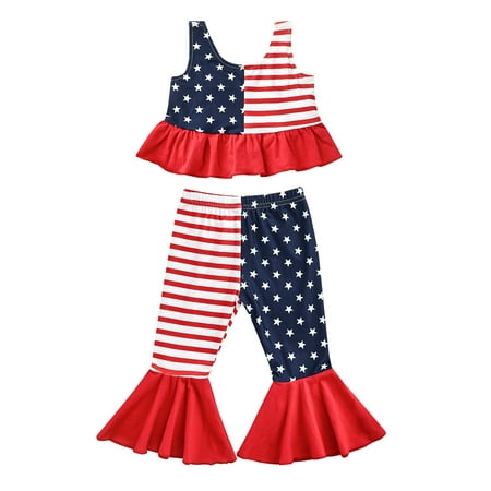 

wybzd 4th of July Toddler Baby Girl Outfits USA Flag Stars Stripes Sleeveless Ruffle Tank Tops Flared Pants Red 3-4 Years