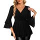 thumbnail image 5 of Ounisa Womens Ruffle 3/4 Sleeve V Neck Double Layers Mesh Blouses Loose Fit Flowy Tunic Tops, 5 of 7