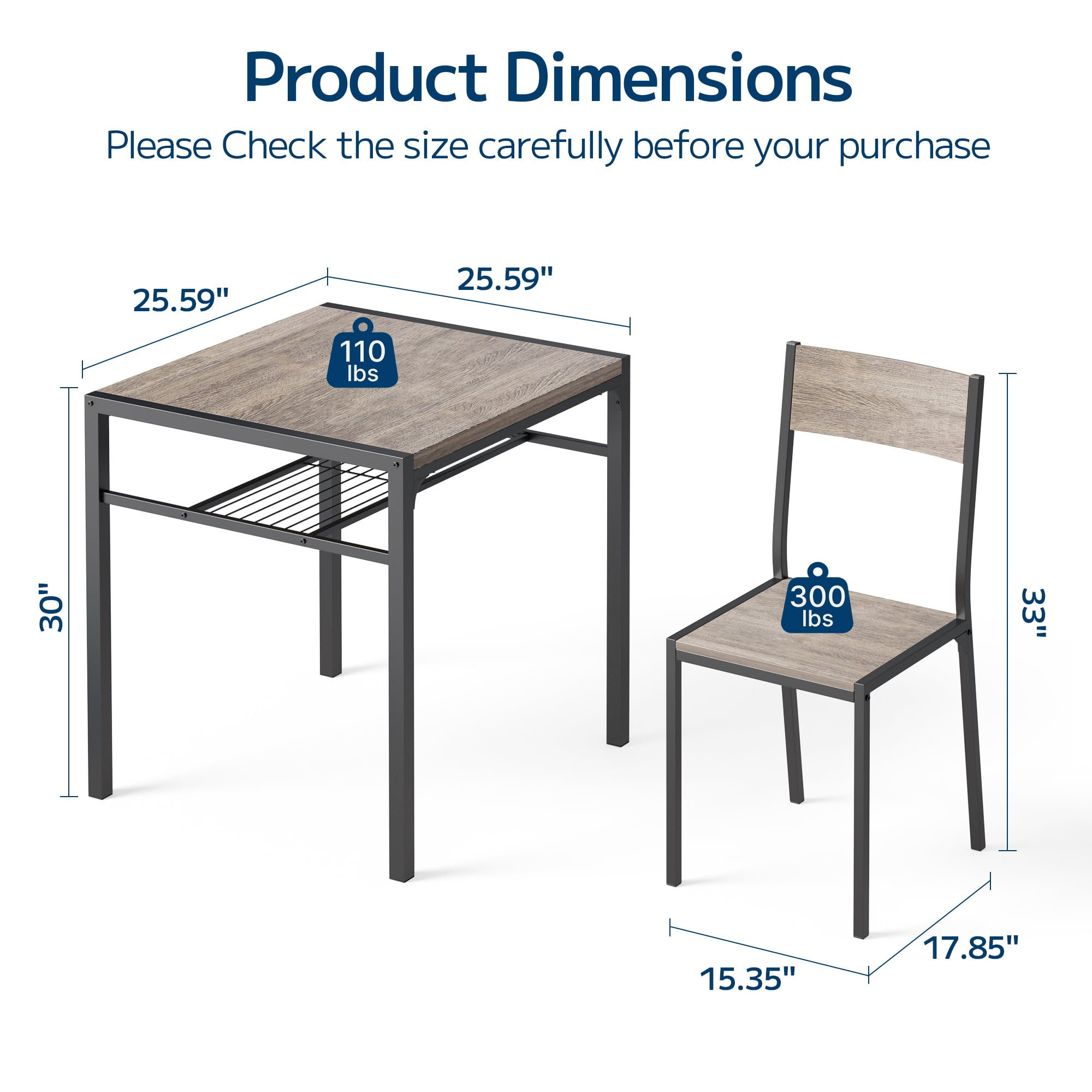 Dining Table Set of 2, Asofer3 PCS Kitchen Table and Chairs Set,Table with Storage & 2 Chairs for Small Space, Kitchen, Apartment, Room,Gray
