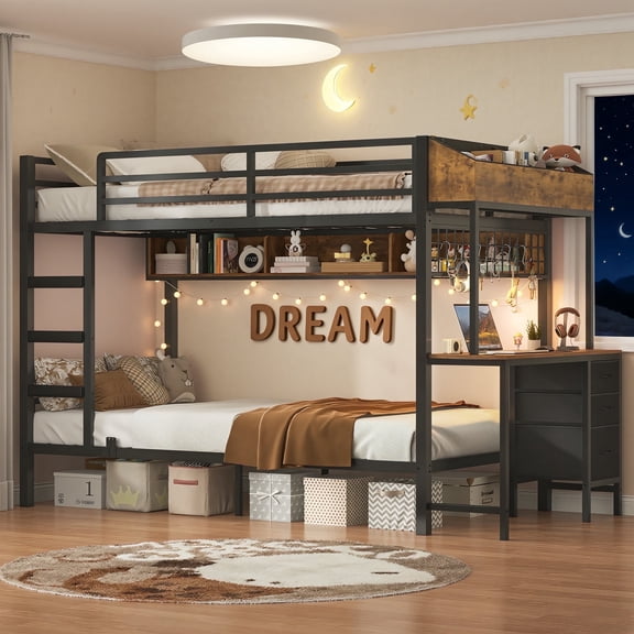 Twin Over Twin Bunk Beds with Bedside Storage & LED Lights for Teens Loft Bed with Desk and Storage Drawers Black