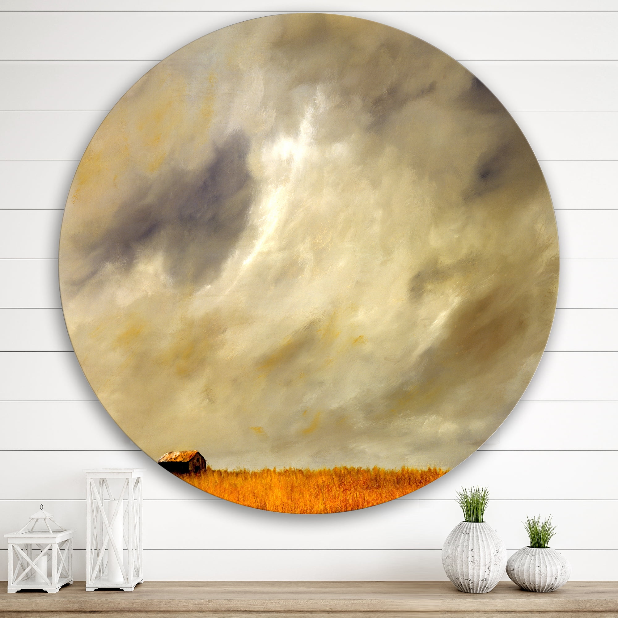 Designart 'Desert Farmhouse Under Cloudy Sky I' Farmhouse Circle Metal Wall Art 29x29 - Disc of 29