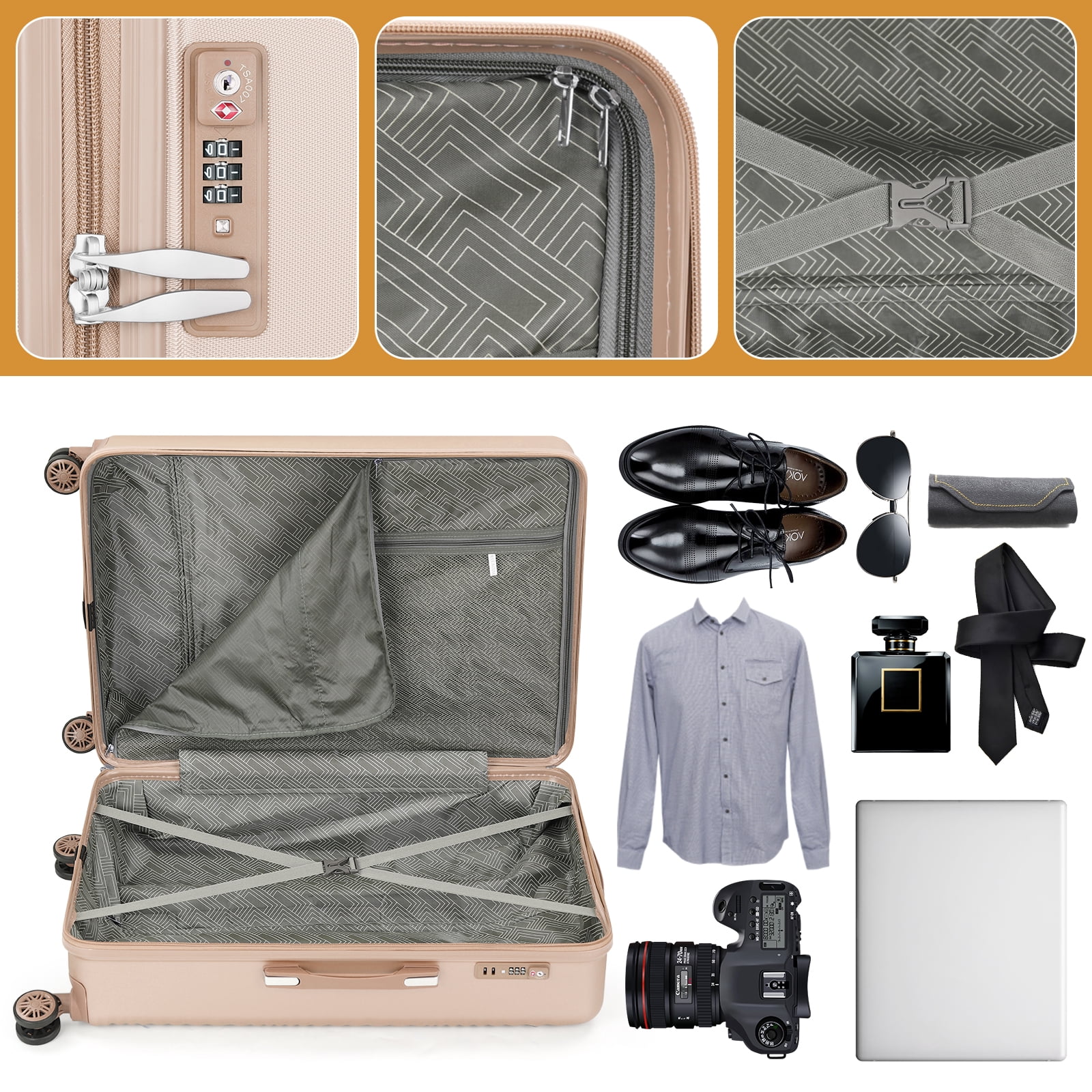 Luggage Sets 3 Pieces ABS Durable Suitcase Gold 20"24"28"
