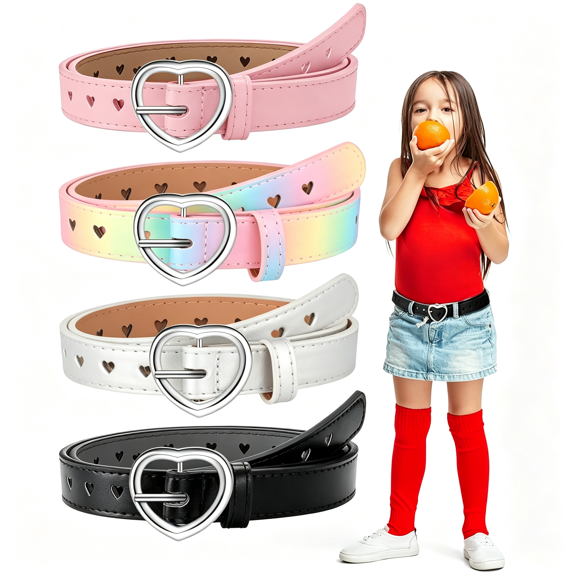TELOLY 4 Pcs Girls Belt Size 6-12 Kids Pu Leather Waist Belt Hollow Heart Design Metal for Girl Dress Pants Jeans Versatile Girls Belts Size 10-12