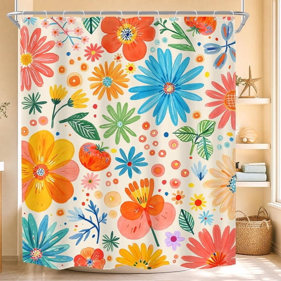 Colorful Floral Shower Curtain Boho Watercolor Flower Fabric Bath Curtain with Hooks for Bathroom 71x71 inches