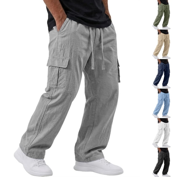 Linen Cargo Pants for Men Relaxed fit Drawstring Elastic Waist Beach Pants Summer Casual Multi Pockets Hiking Pants, XL