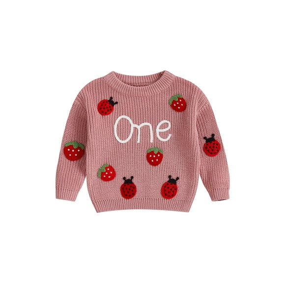 Miaouyo Baby Girls Birthday Knit Fall Sweater 9 12 18 Months Fashionable Strawberry and Letter Embroidery Crew Neck Long Sleeve Birthday Tops