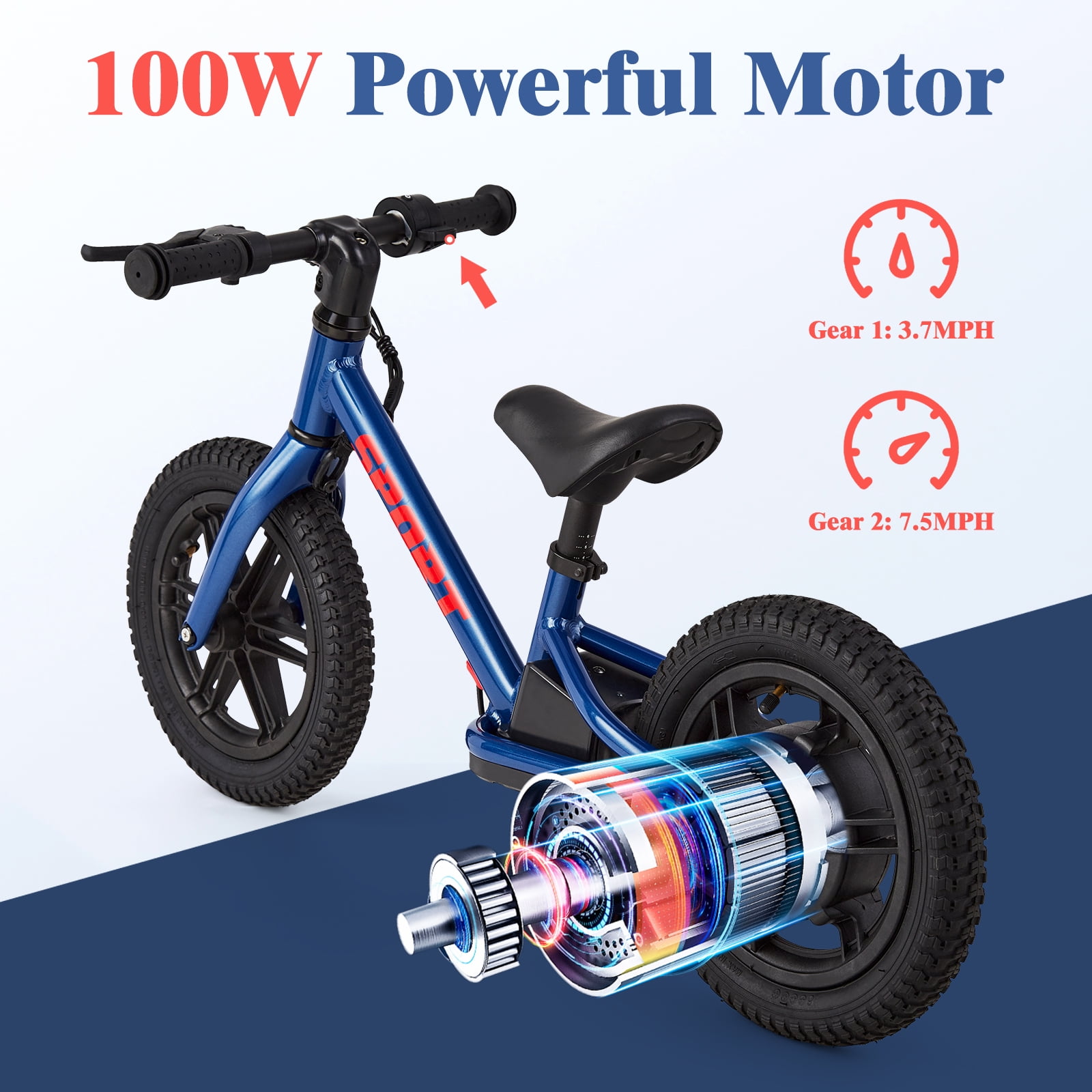 Beginner Electric Balance Bike for Kids Ages 3-5 – 12-Inch Inflatable Tires – 24V 100W Motor – 2 Speed Modes – Adjustable Seat – E-Dirt Bike for Boys and Girls – Blue
