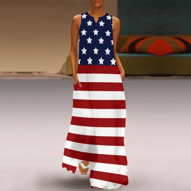 Robes de Bal Femmes Mode Col en V Sans Manches Été Soirée Fête Imprimé Dames Poche Gilet Longue Robe Ligne A Robes d'Été pour Femmes 2023 en Liquidation